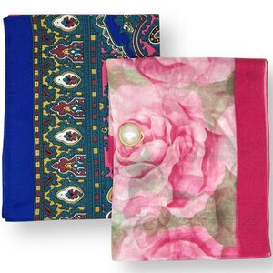 VTG Scarf & Stylish Clip 3pc Set Chiffon Rose & Royal Paisley Floral 30x29 Italy